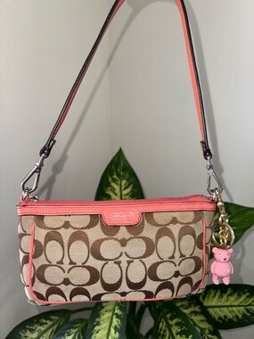 Coach Monogran Canvas Leather Pink Mini Shoulder Bag Wristlet Y2K VTG Designer